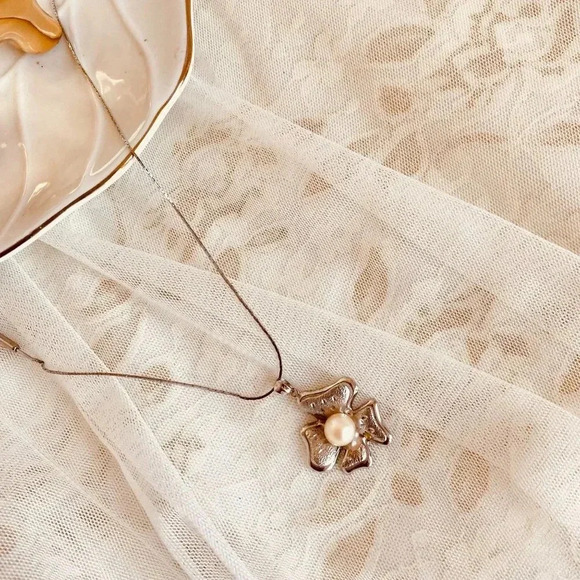 Vintage Sterling Silver & Fresh Water Pearl Floral Pendant Necklace 23" - Picture 4 of 7